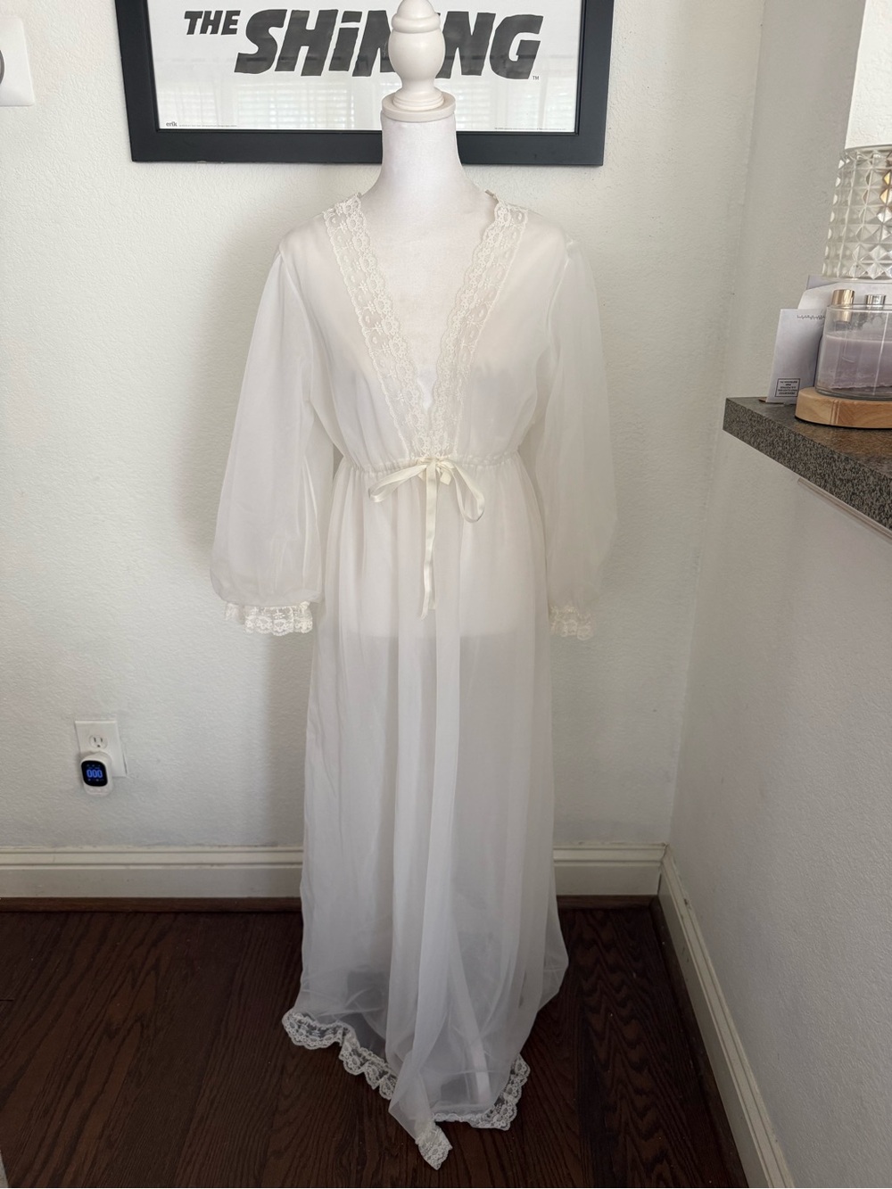 Vintage Shadowline Sheer Lace-Trim Peignoir